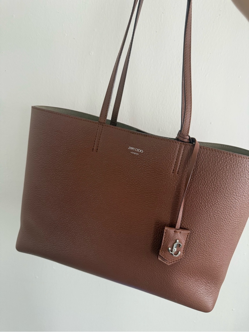 Jimmy Choo Brown Pebbled Leather Tote with Logo Charm